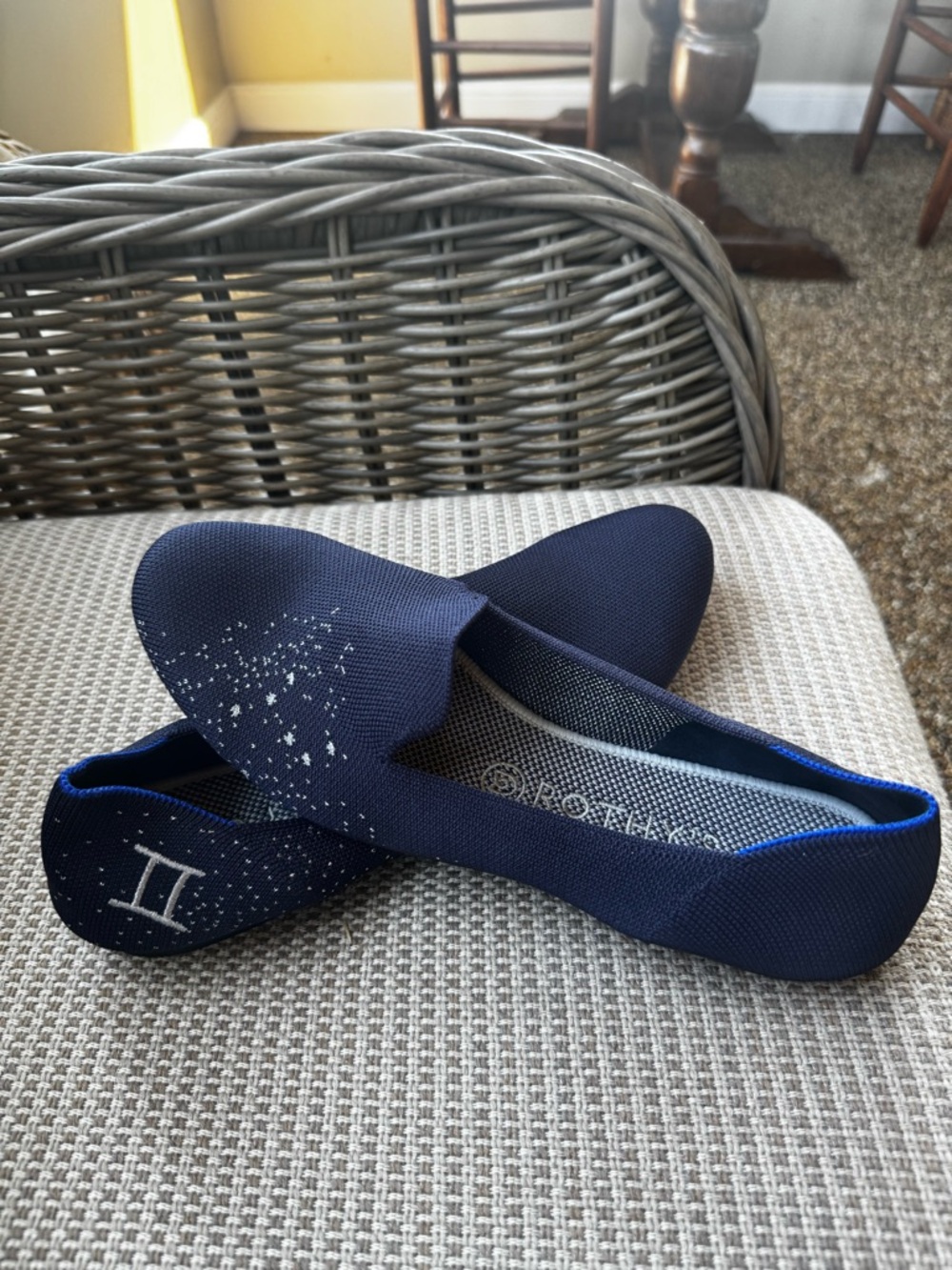 Rothy's Navy Blue Slip-On Flats with Constellation Detail.  Gemini Zofiac!